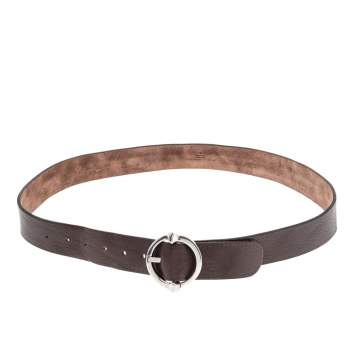 Pre Owned Gucci Brown Leather Circle Buckle Belt 105CM