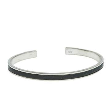 Pre Owned Gucci Silver Black Leather Inlay Cuff Bracelet