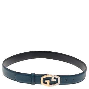 Pre Owned Gucci Blue Leather Logo Buckle Belt 90 CM