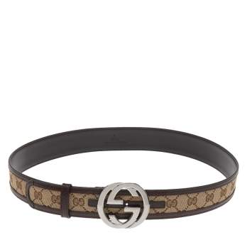 Pre Owned Gucci Brown/Beige GG Canvas And Leather Interlocking G Buckle Belt 95 CM
