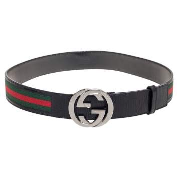 Pre Owned Gucci Green/Red Web Fabric and Leather Interlocking GG Buckle Belt 90 CM