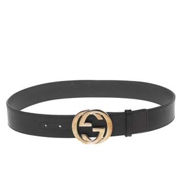 Pre Owned Gucci Black Leather Interlocking G Belt 85CM