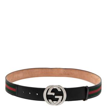 Pre Owned Gucci Black Leather and Canvas Web Interlocking G Buckle Belt 95CM