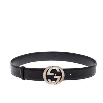 Pre Owned Gucci Black Guccissima Leather Interlocking G Buckle Belt 90CM