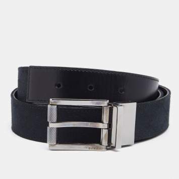 Pre Owned Gucci Black GG Canvas and Leather Cut to Size Reversible Buckle Belt