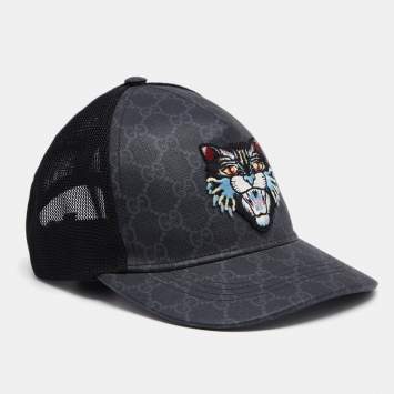 Pre Owned Gucci Black/Grey GG Supreme Angry Cat Patch Cap S