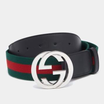 Pre Owned Gucci Black Leather and Canvas Web Interlocking G Buckle Belt 90CM
