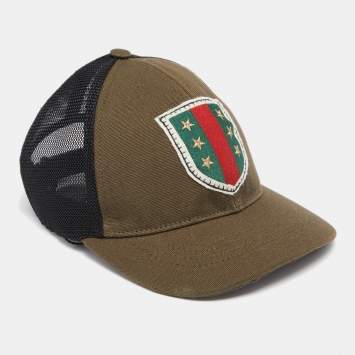 Pre Owned Gucci Military Green Cotton Crest Applique Baseball Cap S