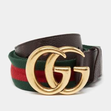 Pre Owned Gucci Green/Red Canvas Web Double G Buckle Belt 105 CM