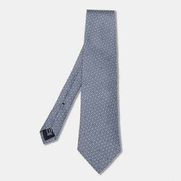 Pre Owned Gucci Blue Printed Silk Traditional Tie 
