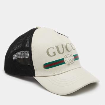 Pre Owned Gucci Off White Logo Printed Leather Baseball Cap