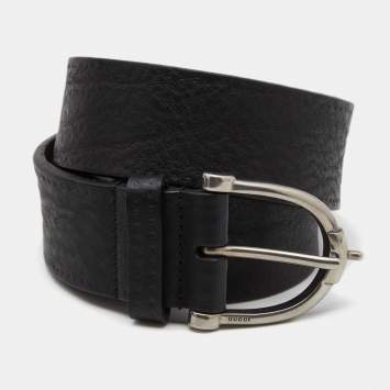 Pre Owned Gucci Black Textured Leather Buckle Belt 85CM