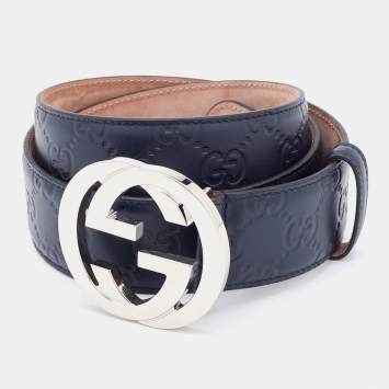 Pre Owned Gucci Blue Guccissima Leather Interlocking G Belt 105CM