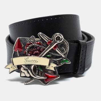 مملوكة مسبقًا Gucci Black Leather Anchor Buckle Belt 90CM