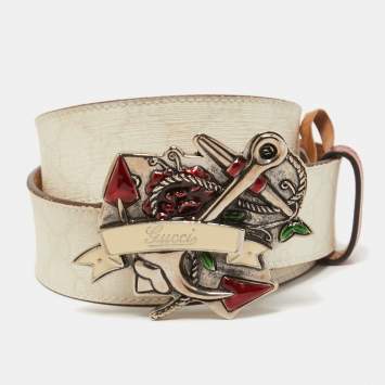 Pre Owned Gucci White/Red GG Supreme Canvas and Leather Anchor Buckle Belt 90CM
