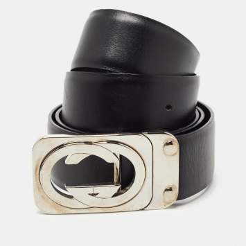 Pre Owned Gucci Black/Brown Leather Interlocking G Square Buckle Belt 90CM