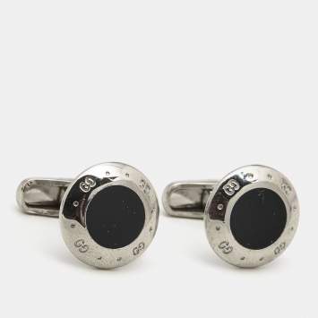 Pre Owned Gucci Silver Tone Black Inlay Round Cufflinks