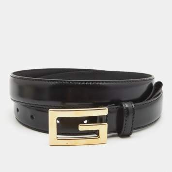 Pre Owned Gucci Black Leather G Buckle Belt 85CM