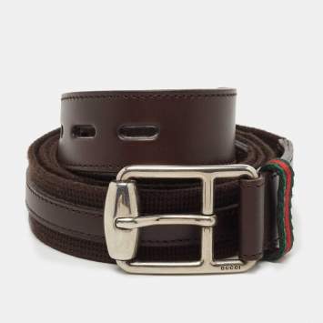 Pre Owned Gucci Dark Brown Canvas and Leather Web Buckle Belt 105CM
