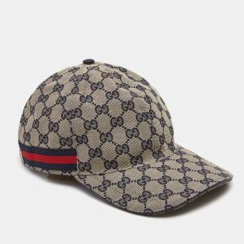 Pre Owned Gucci Beige & Navy Blue Guccissima Web Stripe Detail Baseball Cap M