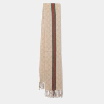 Pre Owned Gucci Beige GG Web Striped Cashmere Scarf