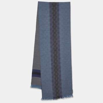 Pre Owned Gucci Grey & Blue Guccissima Striped patterned Wool Muffler