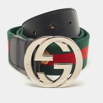 مملوكة مسبقًا Gucci Black Web Canvas and Leather Interlocking G Buckle Belt 90CM