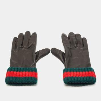 Pre Owned Gucci Black/Green Leather and Cashmere Web Gloves M