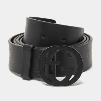 Pre Owned Gucci Black Leather Interlocking G Buckle Belt 110CM