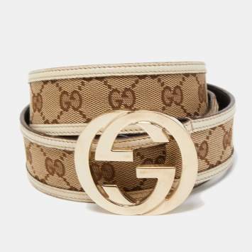 Pre Owned Gucci Beige/Offwhite GG Canvas and Leather Interlocking G Buckle Belt 95CM