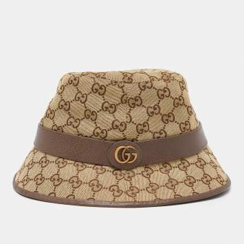 Pre Owned Gucci Brown Logo Monogram Canvas Leather Trim Bucket Hat XXL