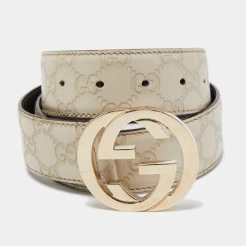 Pre Owned Gucci Off White Guccissima Leather Interlocking G Buckle Belt 80 CM
