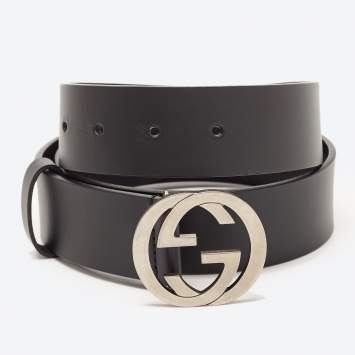 Pre Owned Gucci Black Leather Interlocking G Buckle Belt 85 CM