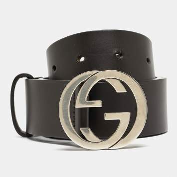 Pre Owned Gucci Dark Brown Leather Interlocking G Buckle Belt 85CM