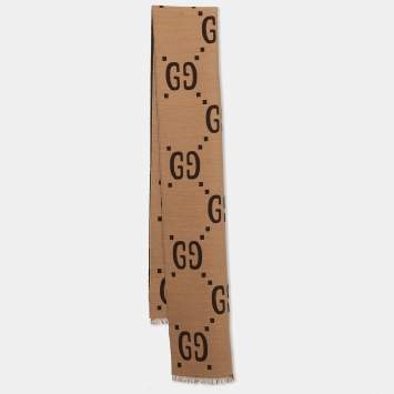 Pre Owned Gucci Brown/Beige GG Jacquard Wool and Silk Muffler