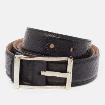 Pre Owned Gucci Black Diamante Embossed Leather Buckle Belt 90CM