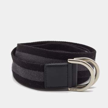 Pre Owned Gucci Black/Grey Canvas Stripe D Ring Belt 90CM