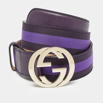 Pre Owned Gucci Purple/Plum Web Fabric and Leather Interlocking G Buckle Belt 95CM