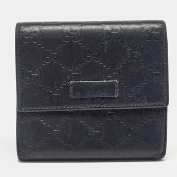 Pre Owned Gucci Black Microguccissima Leather Logo Trifold Wallet