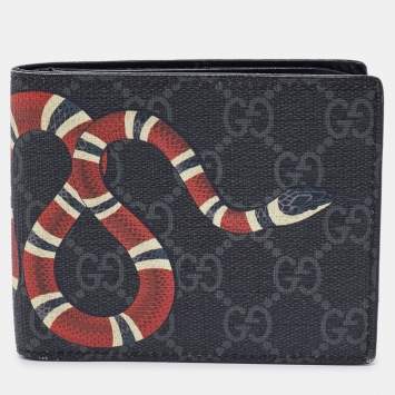 Pre Owned Gucci Black GG Supreme Canvas Snake Bifold Wallet 
