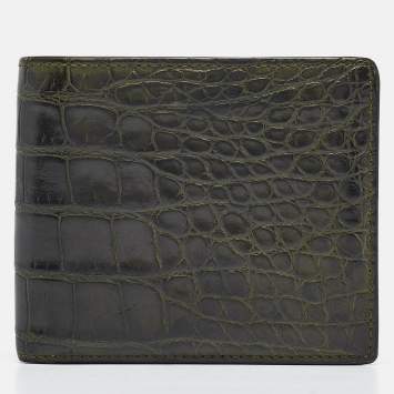 Pre Owned Gucci Green Crocodile Bifold Compact Wallet