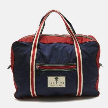 Pre Owned Gucci Red/Dark Blue Nylon Logo Travel Bag