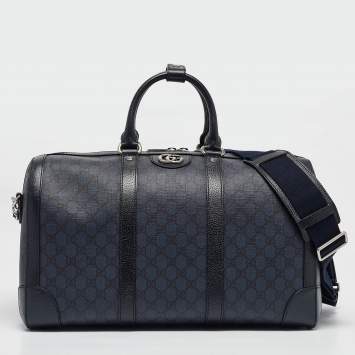 Pre Owned Gucci Navy Blue GG Supreme Canvas and Leather Medium Ophidia Duffel Bag