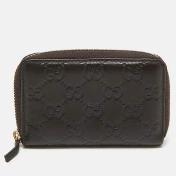 Pre Owned Gucci Black Guccissima Leather Zip Around Card Case