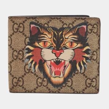 Pre Owned Gucci Beige GG Supreme Canvas Angry Cat Bifold Wallet