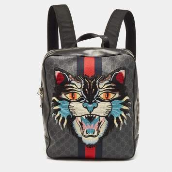 Pre Owned Gucci Black GG Supreme Canvas and Leather Angry Cat Backpack