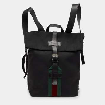 Pre Owned Gucci Black Leather and Nylon Web Fold Over Backpack