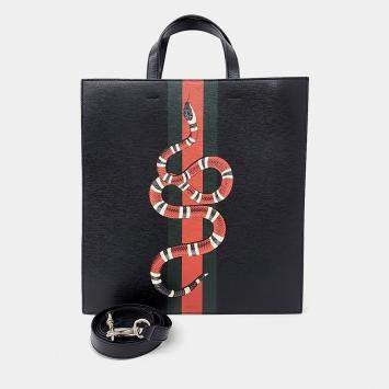 Gucci Black Leather Snake Tote Bag