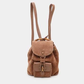 Pre Owned Gucci Brown Suede and Leather Bamboo Drawstring Backpack