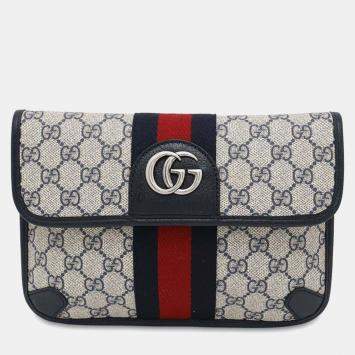  Gucci Beige/Navy/Red Supreme Leather Gg Supreme Ophidia Belt Bag 